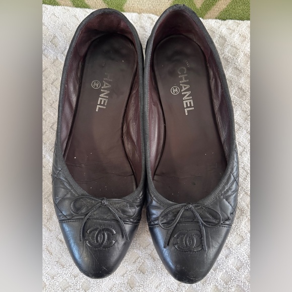 Chanel Quilted Black Leather CC Cap Toe Bow Ballet Flats Size 40 US 10 *READ* - Picture 6 of 16
